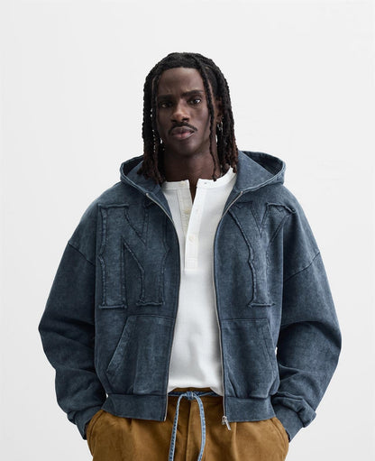 WASHED ZIP-UP SWEATSHIRT WITH NY PATCH - KANDRA