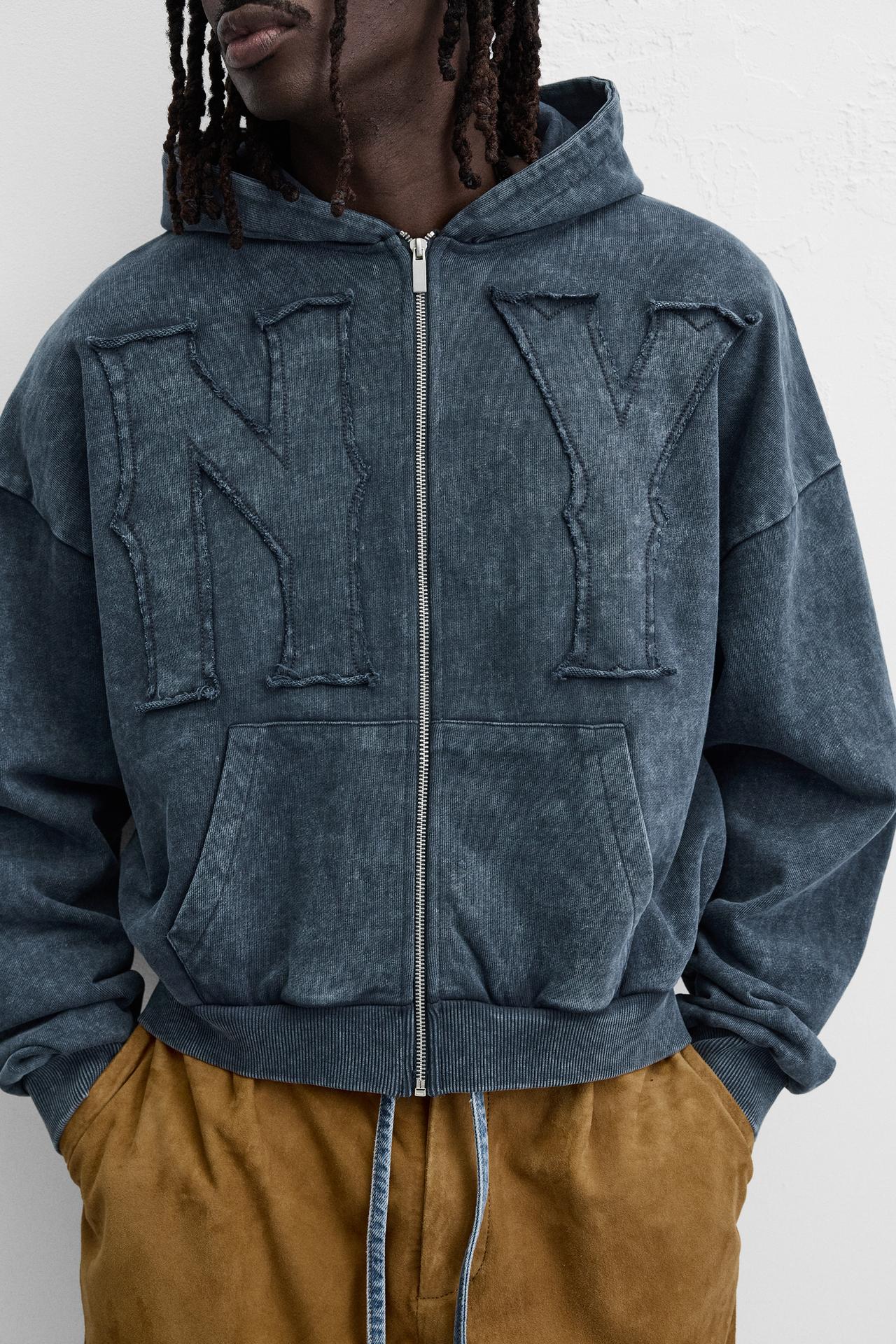 WASHED ZIP-UP SWEATSHIRT WITH NY PATCH - KANDRA
