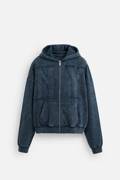 WASHED ZIP-UP SWEATSHIRT WITH NY PATCH - KANDRA